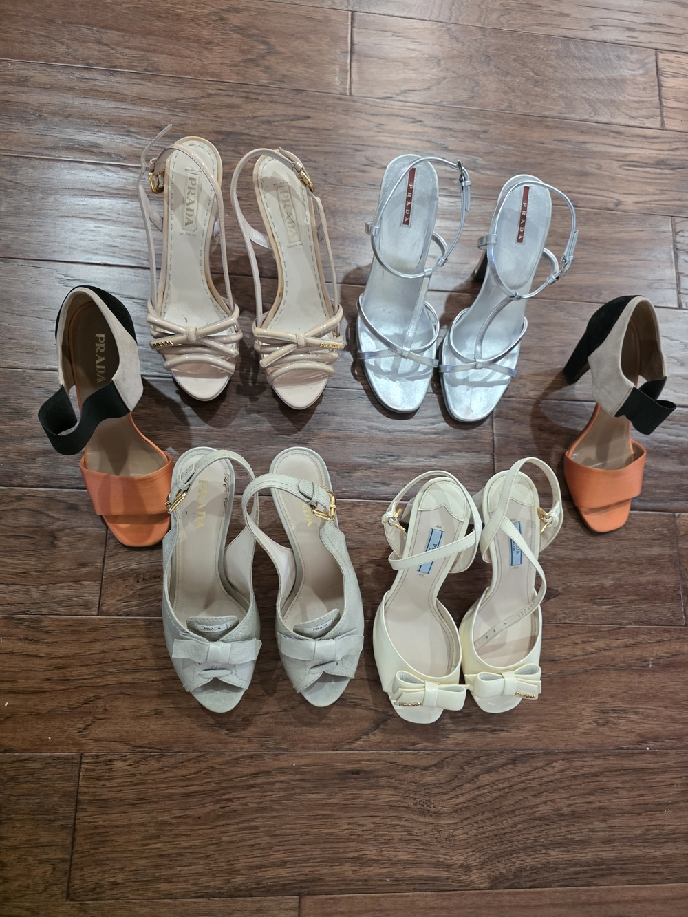Prada Mixed Color Bow & Strap Heels — Black, Orange, Silver, Nude, Cream